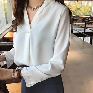 绸缎雪纺气质V领长袖衬衫女春秋季2024新款韩范缎面雪纺衬衣上衣
