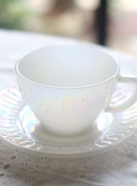 中古美国产Federal炫彩珠光奶玻璃浮雕咖啡杯碟红茶杯下午茶礼物