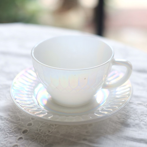 中古美国产Federal炫彩珠光奶玻璃浮雕咖啡杯碟红茶杯下午茶礼物
