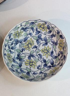 中古日本橘吉缠枝黄色花朵青花交趾釉陶瓷碗面碗汤碗泡面碗餐具