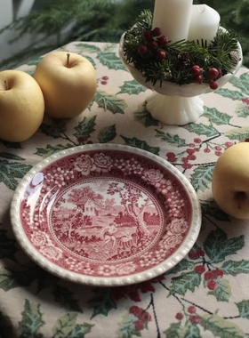 中古德国产VB唯宝红色风景圣诞甜品盘20cm餐盘装饰盘挂盘下午茶