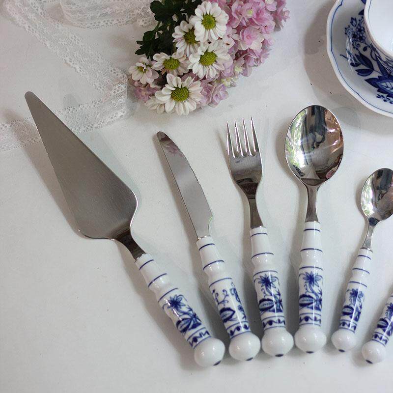 德国蓝洋葱陶瓷青花甜品勺叉餐勺