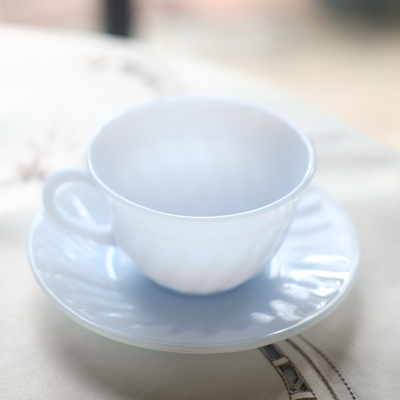 Retro中古美国Fireking swirl贝壳纹天青蓝奶玻璃咖啡杯碟下午茶