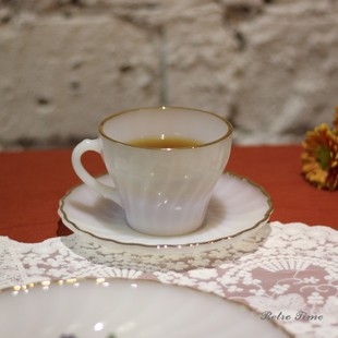 Retro中古美国Fireking白玉金边贝壳旋转纹咖啡杯碟甜品盘甜品碗