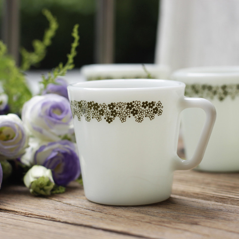 美国奶玻璃马克杯绿色雏菊咖啡杯