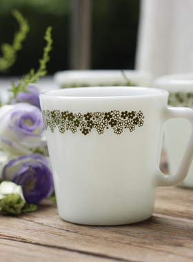 中古美国corelle奶玻璃马克杯绿色小雏菊咖啡杯水杯牛奶杯小清新