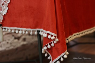 Retro美式手工天鹅绒橘红色小白球圣诞桌布蕾丝桌旗圆桌方桌盖巾