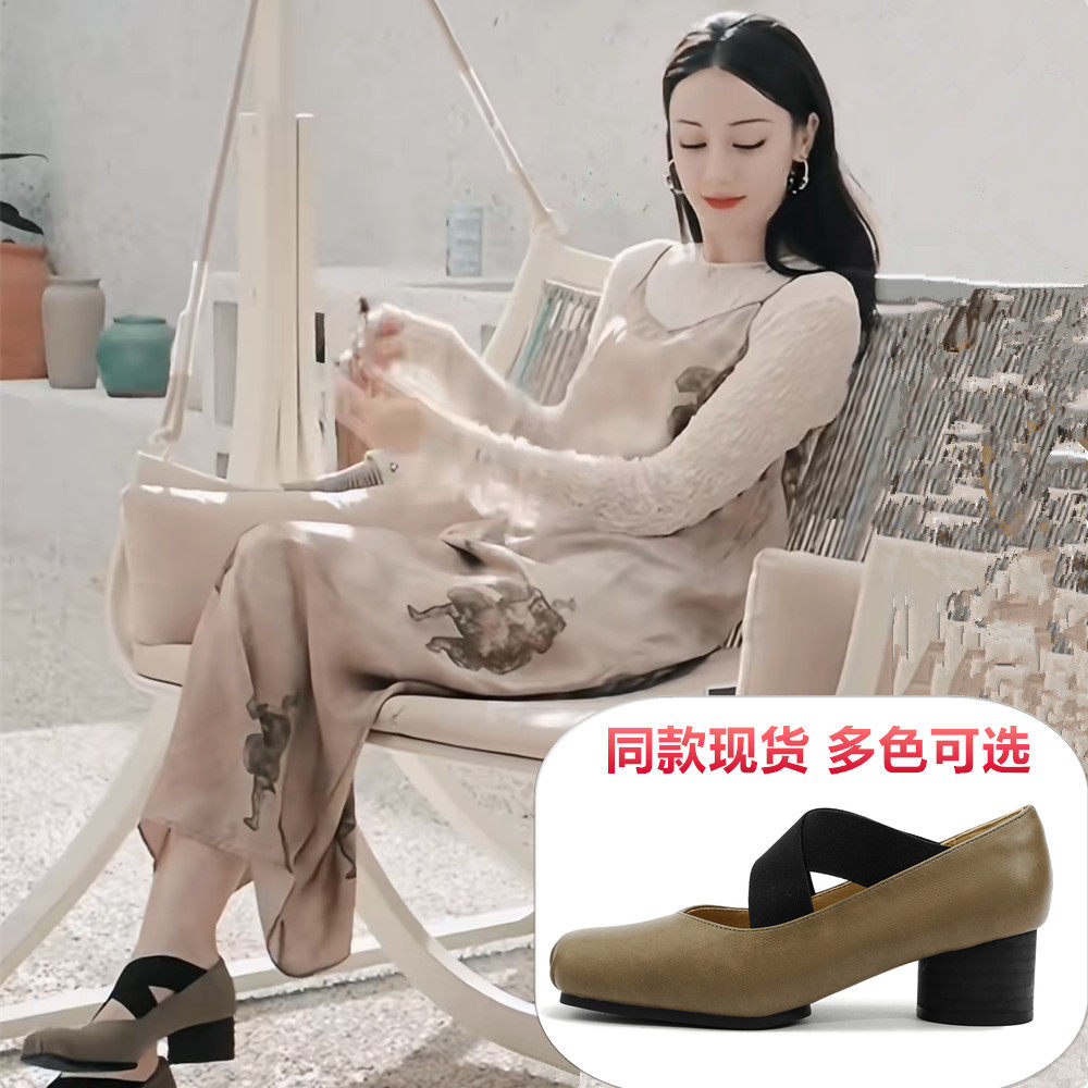 枭起青壤聂九罗迪丽热巴同款鞋交叉带芭蕾舞鞋猪鼻子方头玛丽珍鞋