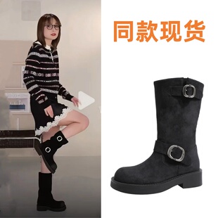 赵露思吴昕同款鞋厚底中筒靴显瘦皮带扣增高女靴子堆堆靴马丁短靴