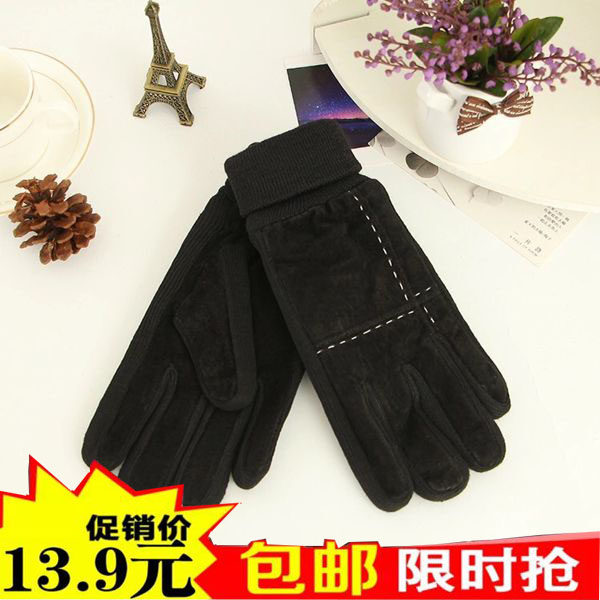 外贸原单冬男女针织猪皮真皮手套 美版骑车加绒保暖手套
