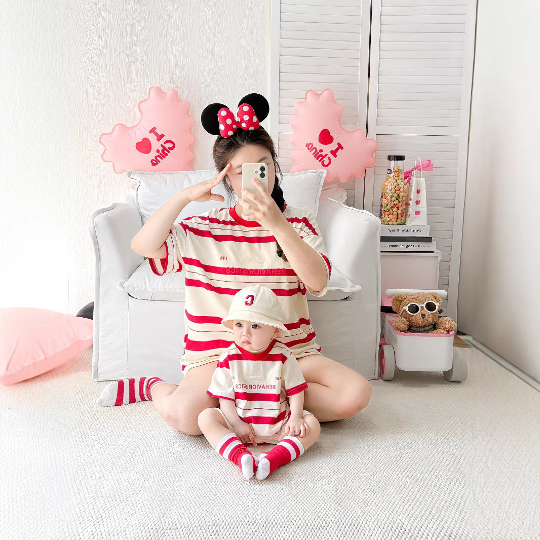 宝宝亲子装夏装条纹t恤一家三口四口全家装婴儿百天照短袖母女潮