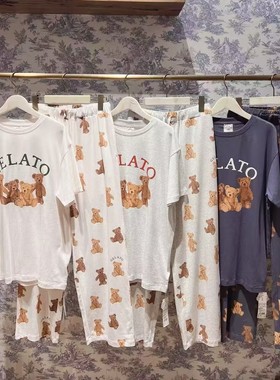 日系gp夏季四只小熊女士睡衣软绵绵家居服短袖长裤套装舒适可外穿