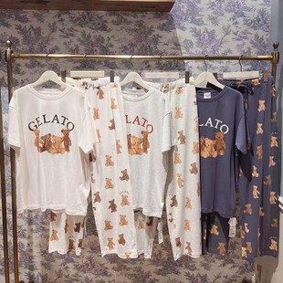 日系gp夏季四只小熊女士睡衣软绵绵家居服短袖长裤套装舒适可外穿