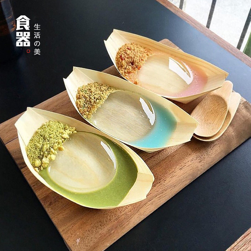 木纸船餐具寿司点心盘水信玄饼船形碟小船木制寿司船一次性木皮船