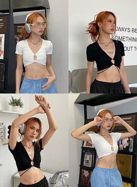 YAMMYUKI欧美辣妹性感镂空设计感绑带露腰紧身显瘦短袖爵士上衣