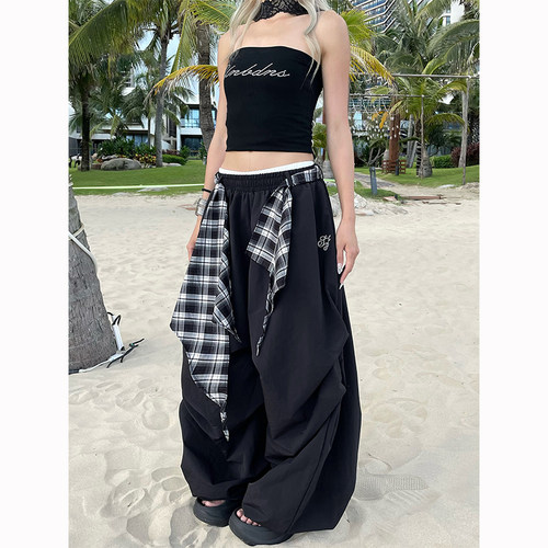 美式复古可拆卸格纹屁帘伞兵裤