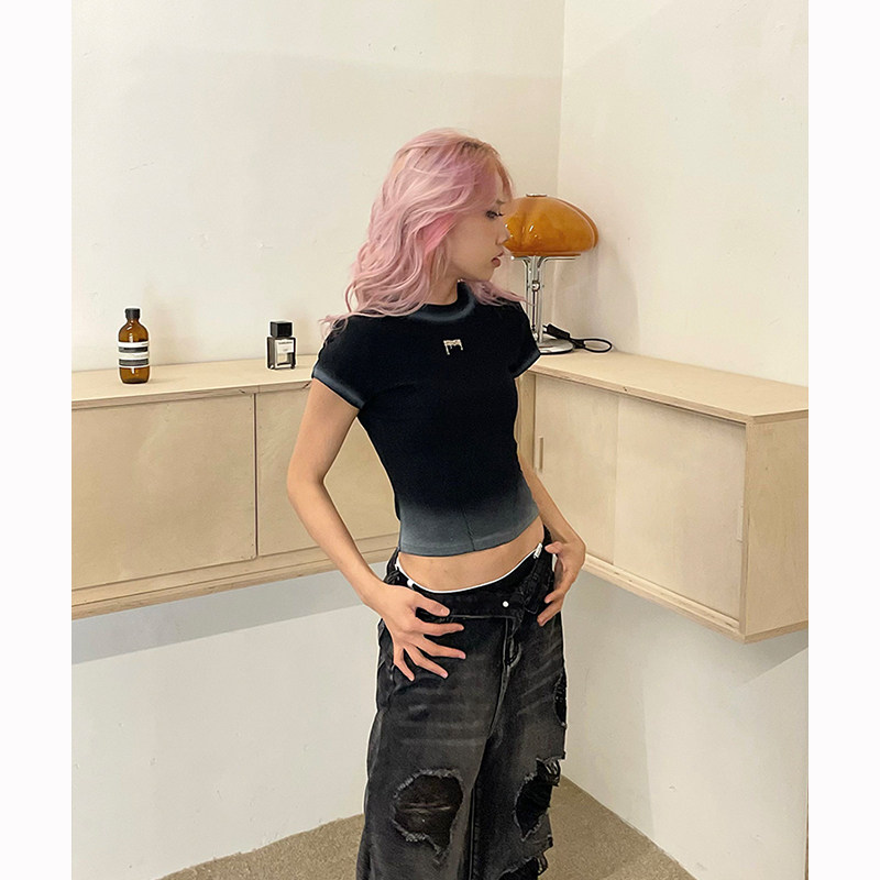 美式辣妹渐变色圆领短袖T恤女