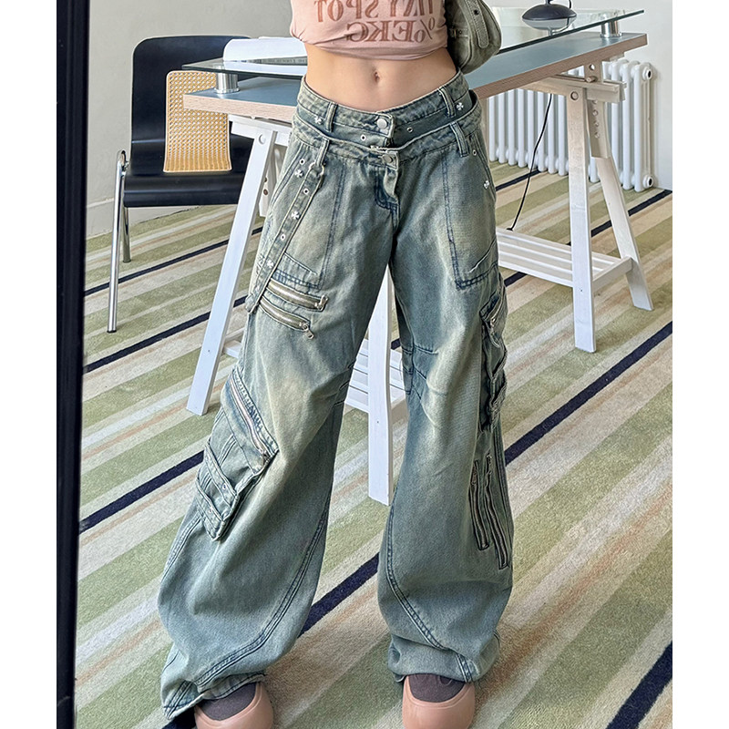 美式街头双裤头水洗褶皱阔腿牛仔