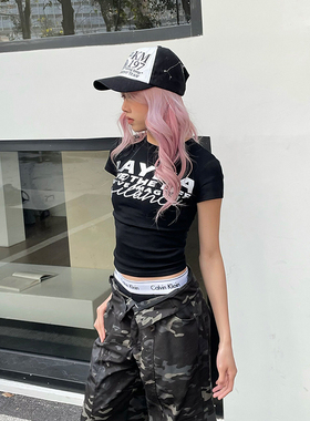 YAMMYUKI美式复古辣妹字母印花短袖圆领T恤女夏季修身显瘦上衣