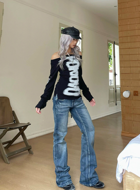 YAMMYUKI美式复古水洗蓝色低腰直筒微喇牛仔裤女修身显瘦百搭长裤