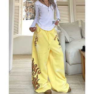 子 休闲宽松跳舞裤 YAMMYUKI美式 街头涂鸦手绘火焰印花黄色阔腿卫裤