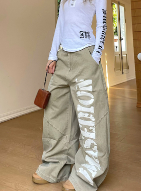 YAMMYUKI美式复古字母印花弯刀裤卡其色工装牛仔宽松百搭阔腿长裤