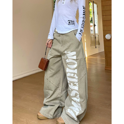 美式复古字母印花弯刀裤