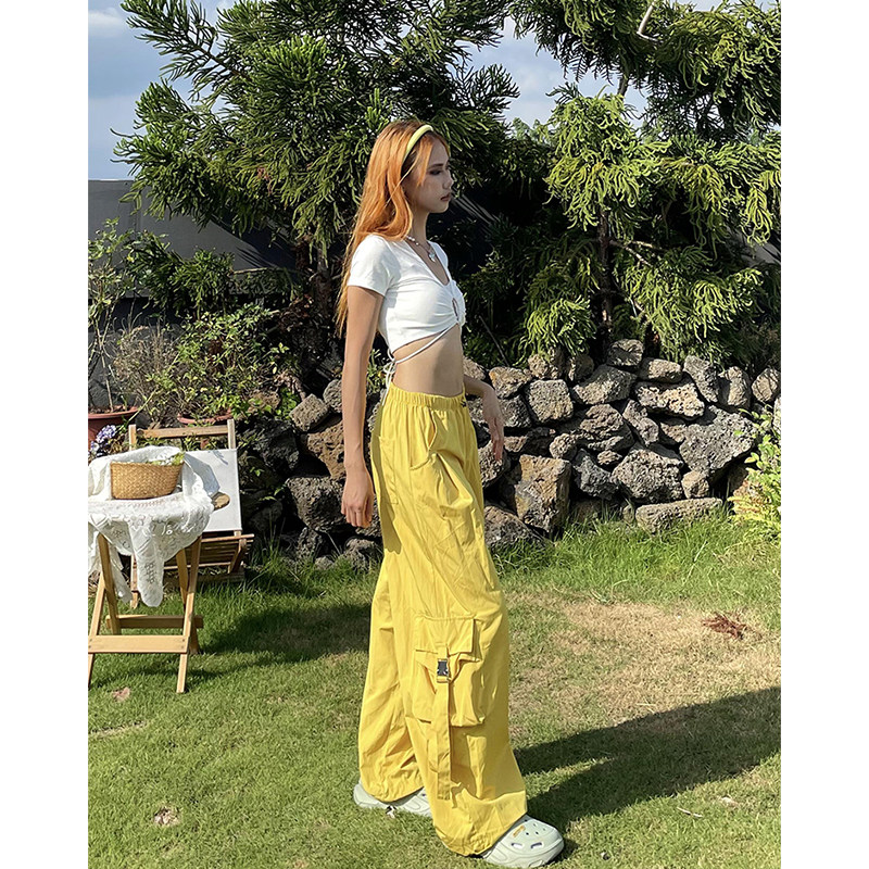 美式多巴胺黄色直筒阔腿长裤