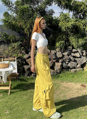 YAMMYUKI美式多巴胺黄色纽扣飘带抽绳机能风工装休闲直筒阔腿长裤