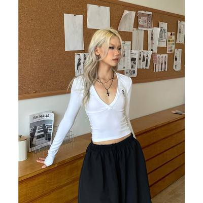 美式哥特风字母印花V领长袖T恤女