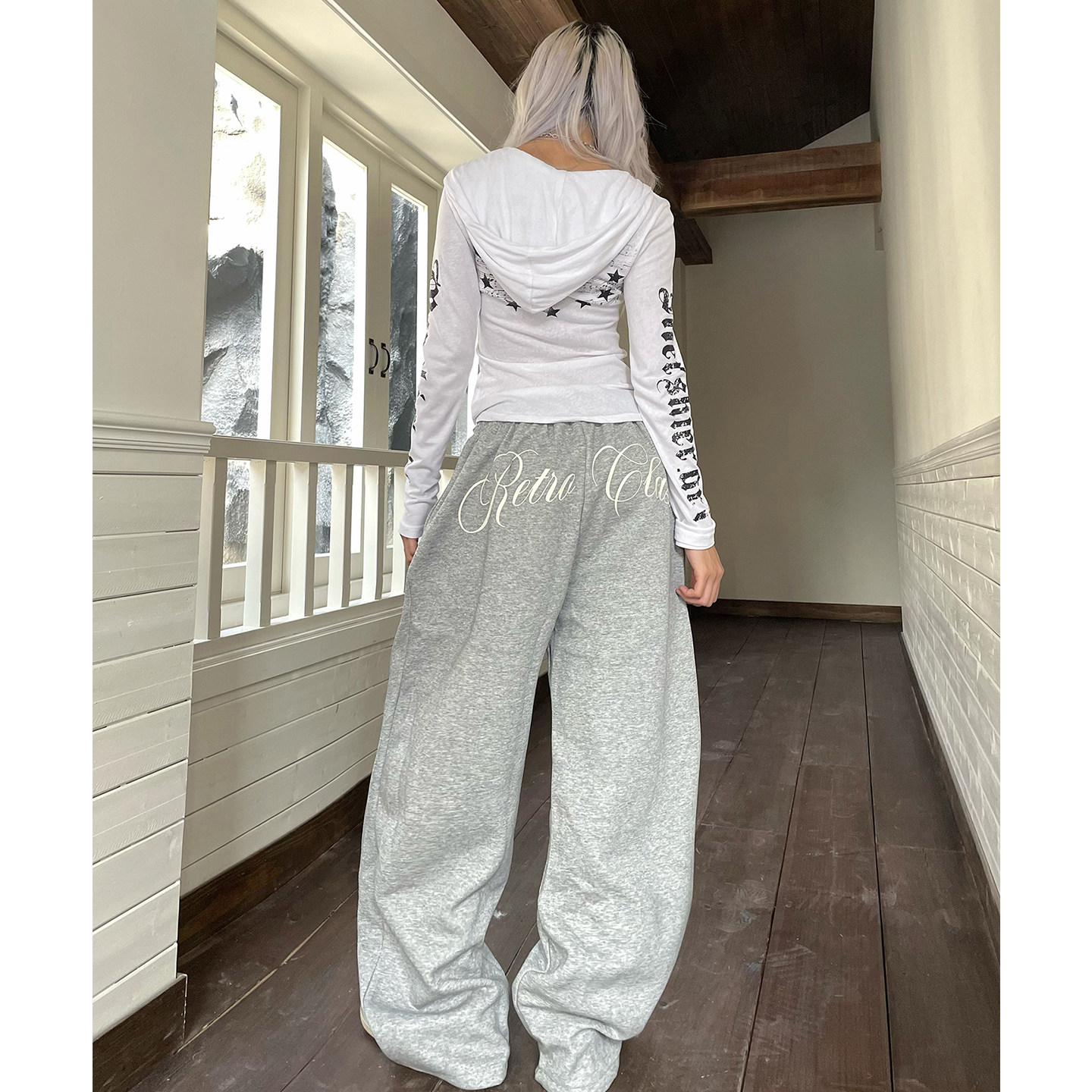 星星字母印花休闲裤宽松直筒裤