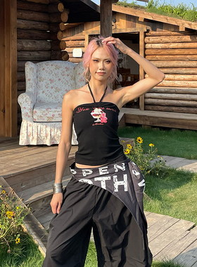 YAMMYUKI美式辣妹挂脖露背印花背心女夏季修身显瘦打底短款上衣