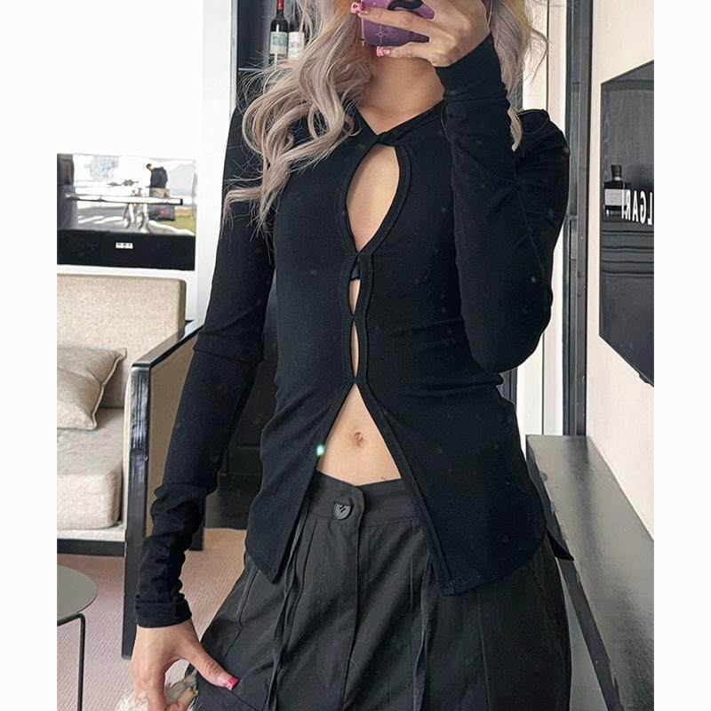 欧美性感显胸镂空黑色显瘦上衣