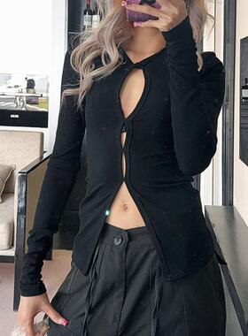 YAMMYUKI欧美性感显胸镂空黑色打底衫女心机辣妹修身显瘦长袖上衣