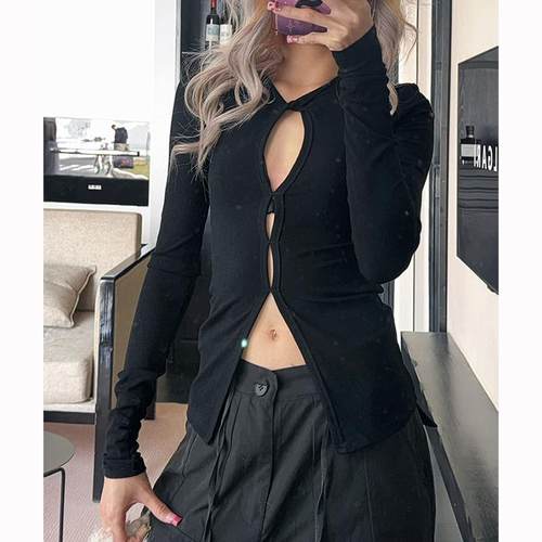 欧美性感显胸镂空黑色显瘦上衣