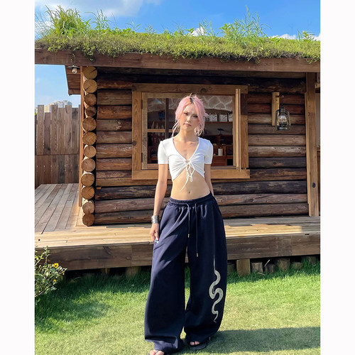 美式复古烫钻蛇纹印花休闲裤