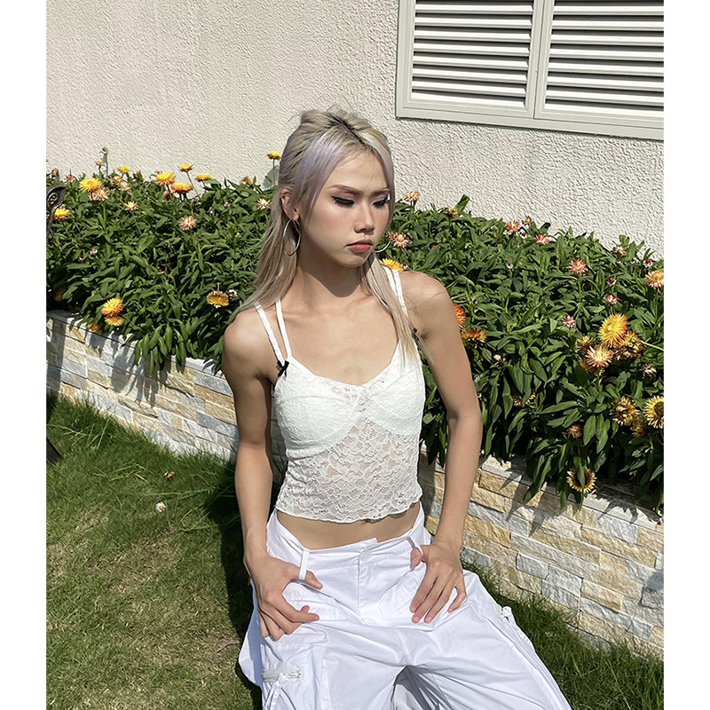 欧美蕾丝吊带半透蝴蝶结白色背心