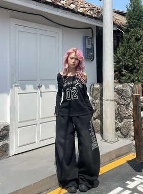 YAMMYUKI美式复古运动百搭抽绳休闲裤男女做旧宽松显瘦阔腿长裤