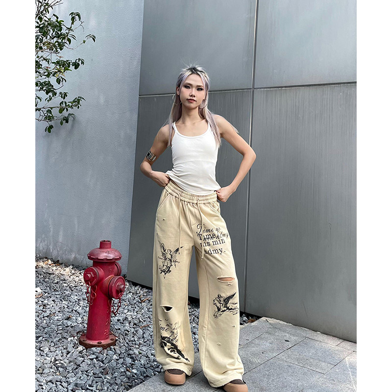 美式复古破洞宽松高腰运动卫裤