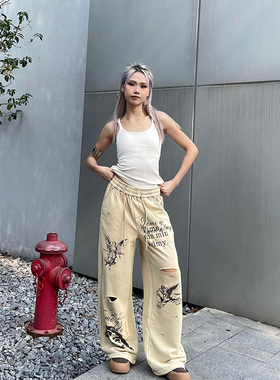 YAMMYUKI美式复古涂鸦印花破洞高腰长裤宽松直筒阔腿裤运动卫裤