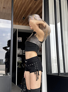 YAMMYUKI辣妹小众设计侧面绑带性感低腰柳钉包臀牛仔超短裤热裤女