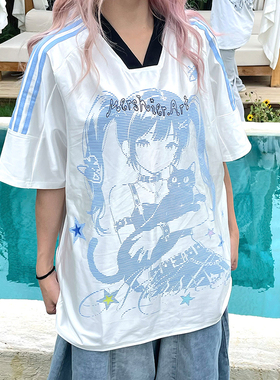 YAMMYUKI美式复古二次元短袖T恤卡通少女宽松球服条纹缎面上衣