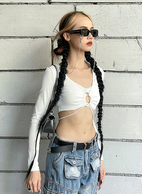 YAMMYUKI欧美辣妹爵士性感镂空设计感绑带露腰紧身显瘦长袖上衣