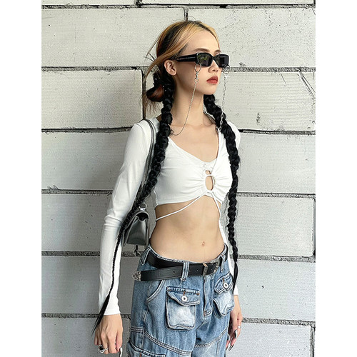 欧美辣妹性感镂空绑带露腰上衣