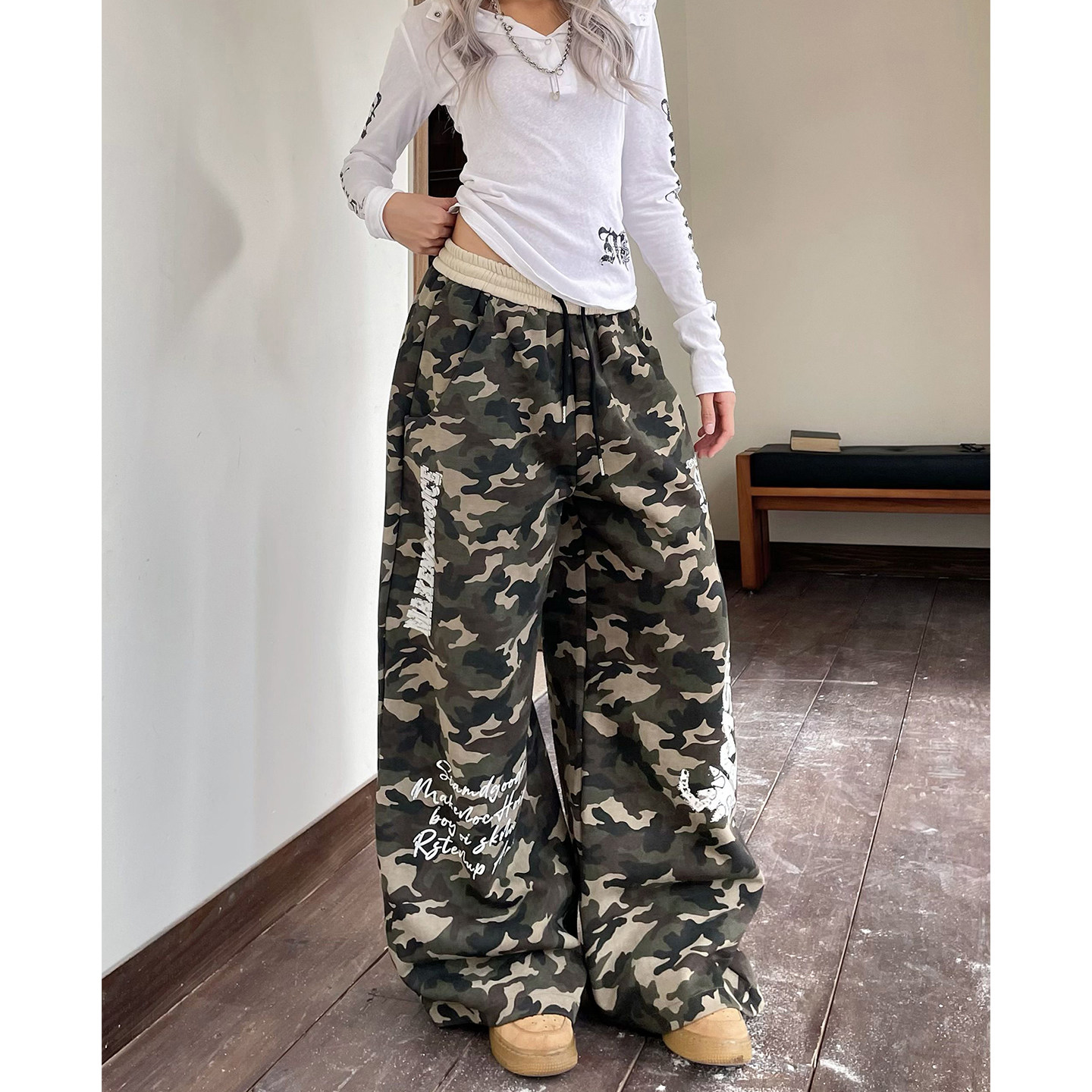 美式复古迷彩印花拼接工装休闲裤