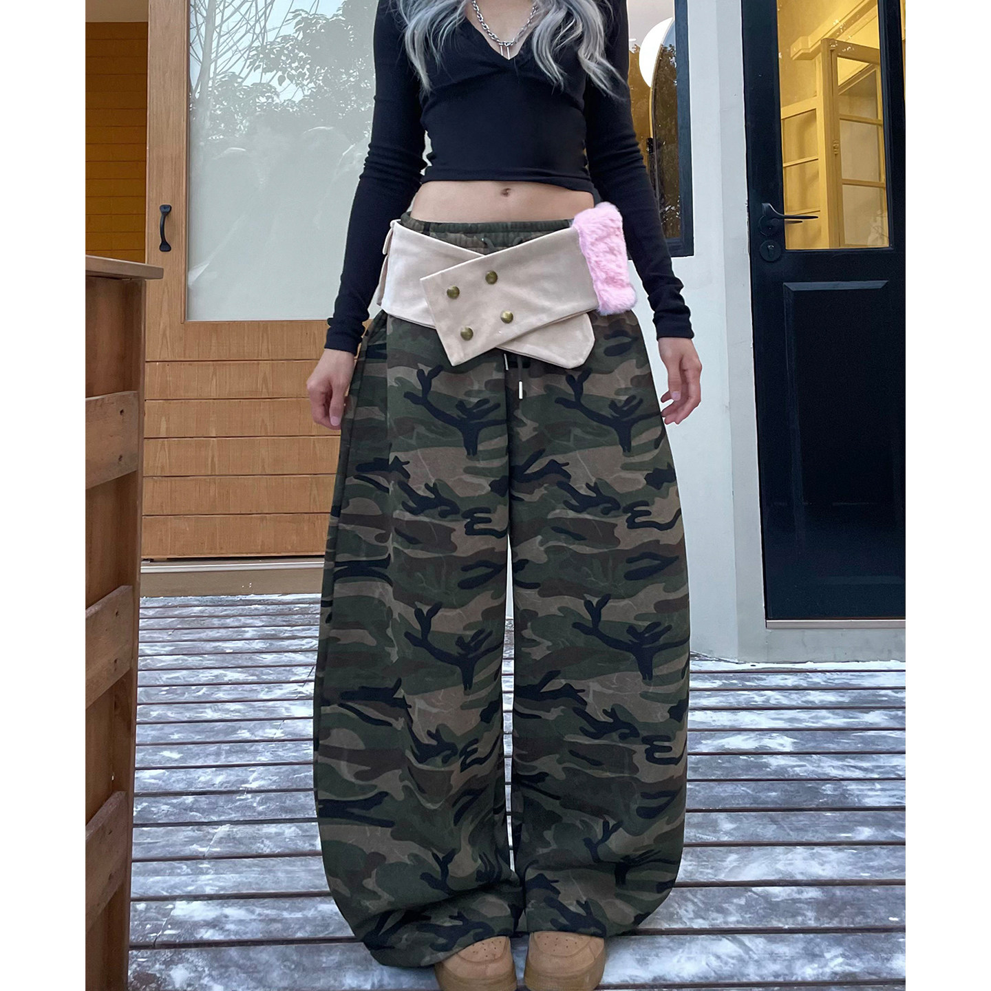 美式迷彩可拆卸腰带工装阔腿裤