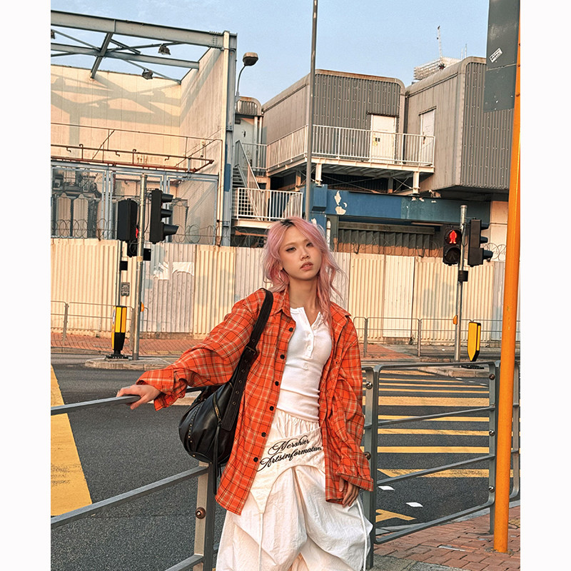 美式复古格子长袖衬衫男女同款