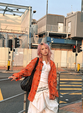 YAMMYUKI美式复古格子长袖衬衫男女同款宽松休闲橘色防晒衬衣外套