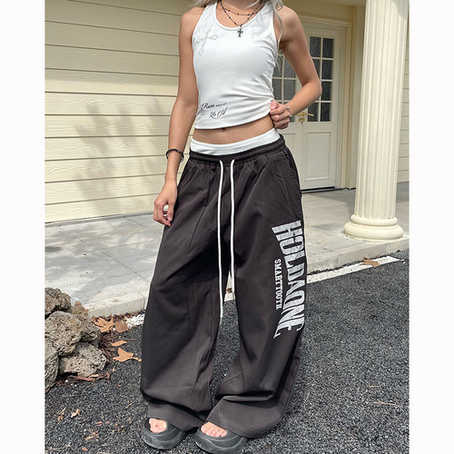 美式复古双裤腰字母印花休闲裤