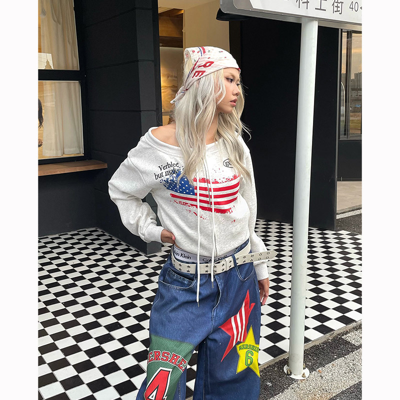 美式复古旗帜拉链卫衣女